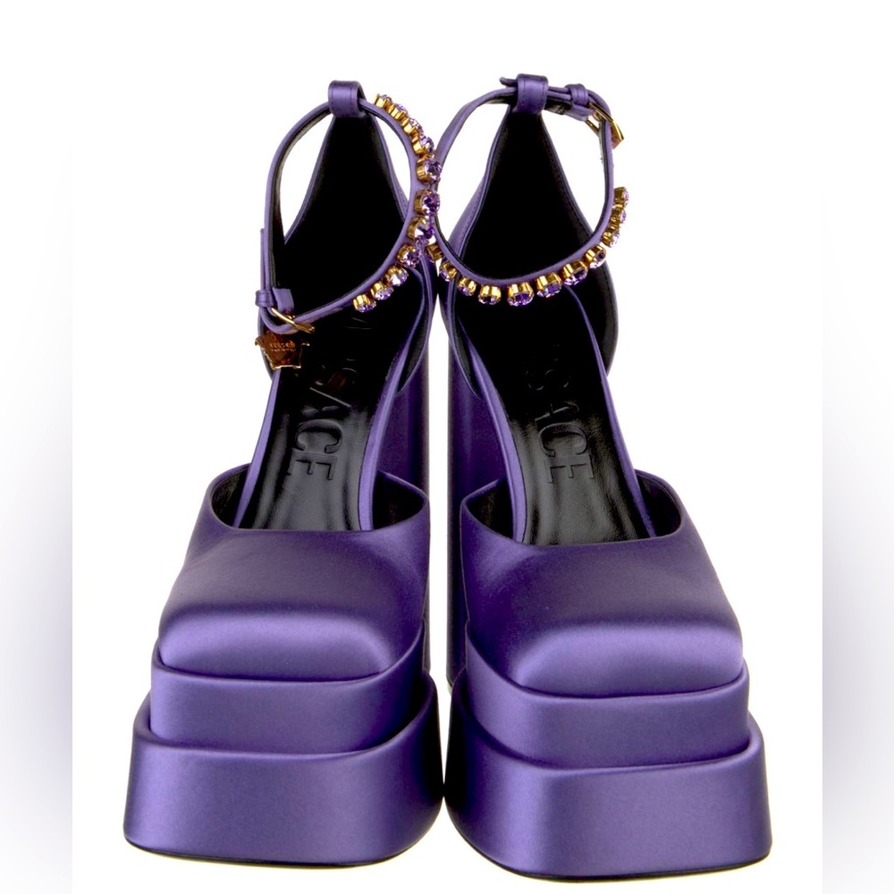 Versace aevitas satin silk Medusa logo crystal platform D’Orsay pumps heels NEW - Picture 4 of 13